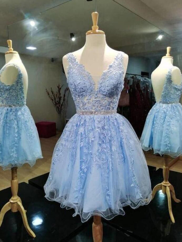 A-line V neck Light Sky Blue Short Prom Dress Lace Apllique Homecoming Dress kts086|Selinadress
