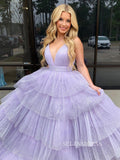 A-line V neck Lilac Ruffles Sparkly Rhinestone Long Prom Dresses lpk900|Selinadress