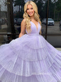 A-line V neck Lilac Ruffles Sparkly Rhinestone Long Prom Dresses lpk900|Selinadress