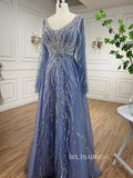 A-line V neck Long Sleeve Beaded Prom Dresses Unique Evening Gowns LA72099|Selinadress