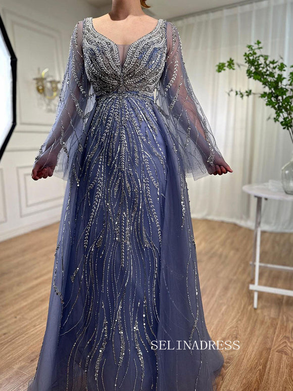 A-line V neck Long Sleeve Beaded Prom Dresses Unique Evening Gowns LA72099|Selinadress