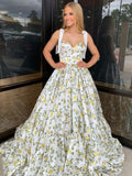 A-line White Yellow Floral Long Prom Dresses Cheap Evening Dress sew1008|Selinadress