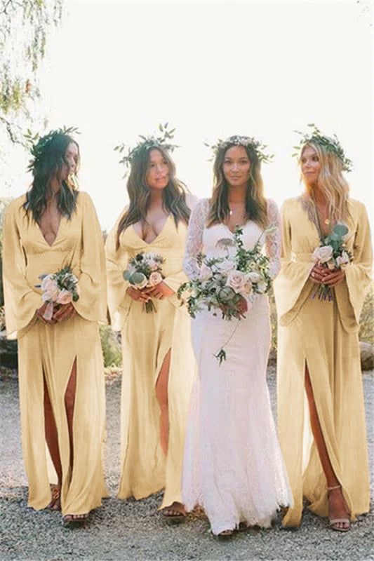 A-line Deep V neck Long Sleeve Chiffon Bridesmaid Dress Cheap Bridesmaid Dresses BRD015 - Us Size 2 / Yellow A-line Deep V neck Long Sleeve Chiffon Bridesmaid Dress Cheap Bridesmaid Dresses BRD015 - Us Size 2 / Yellow