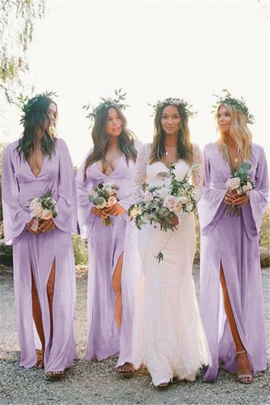 A-line Deep V neck Long Sleeve Chiffon Bridesmaid Dress Cheap Bridesma SELINADRESS A-line Deep V neck Long Sleeve Chiffon Bridesmaid Dress Cheap Bridesma SELINADRESS