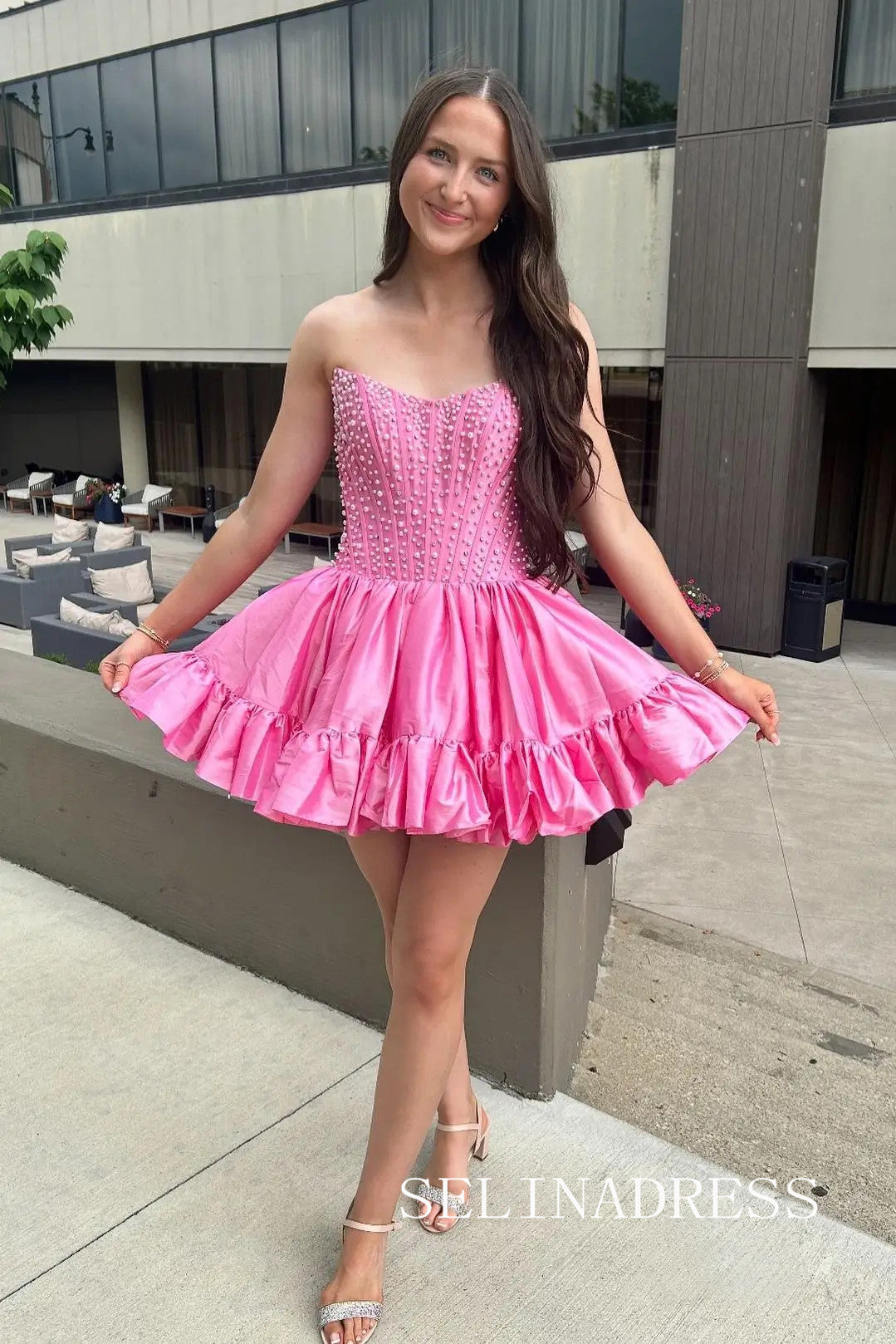 A-line Strapless Beaded Short Prom Dress Yellow Homecoming Dress #SEA245|Selinadress