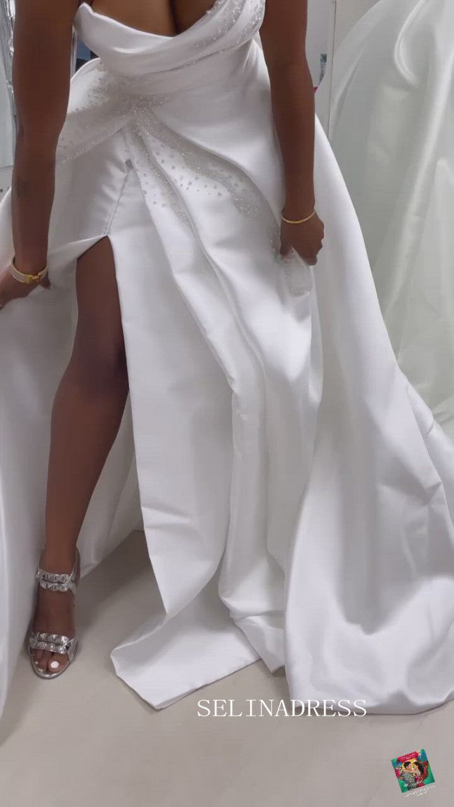 A-line Strapless Satin White Ruffles Wedding Dress Beaded Unique Weddi SELINADRESS A-line Strapless Satin White Ruffles Wedding Dress Beaded Unique Weddi SELINADRESS