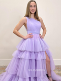 Ball Gown One Shoulder Lilac Tiered Tulle Long Prom Dress sew1070
