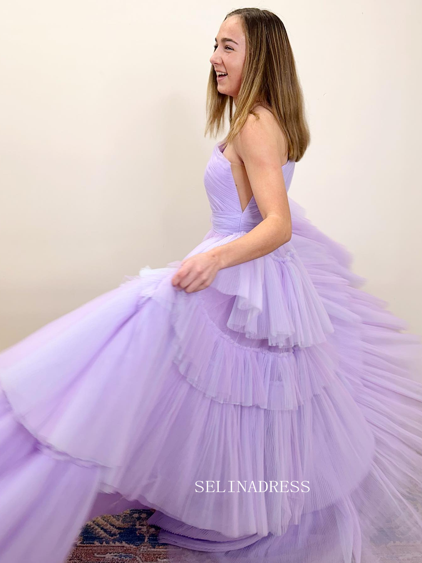Ball Gown One Shoulder Lilac Tiered Tulle Long Prom Dress sew1070 SELINADRESS Ball Gown One Shoulder Lilac Tiered Tulle Long Prom Dress sew1070 SELINADRESS