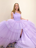 Ball Gown One Shoulder Lilac Tiered Tulle Long Prom Dress sew1070