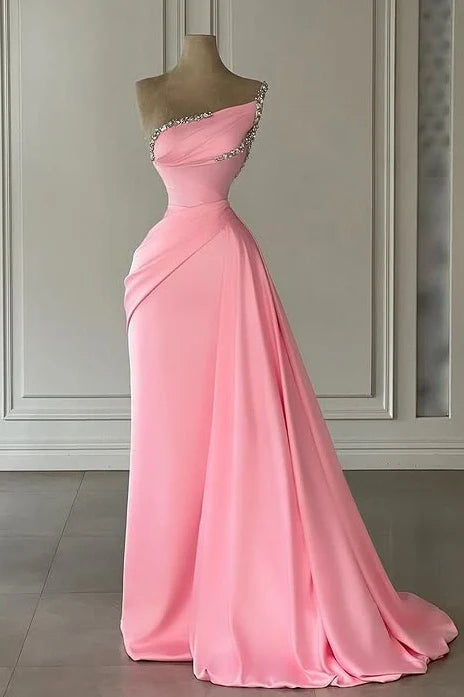 Beaded One Shoulder Sleeveless Satin Empire Party Prom Dress lck024|Selinadress