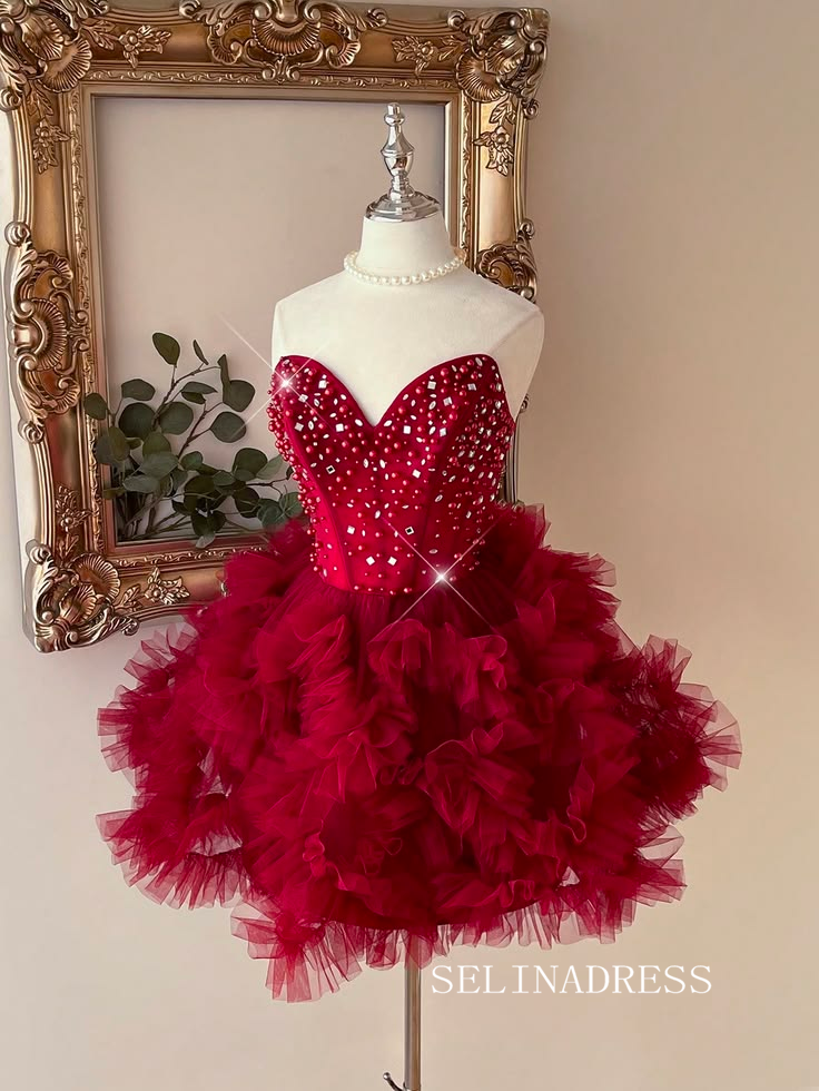 Beaded Red Tulle Mini Ball Gown Short Prom Dress cok071|Selinadress