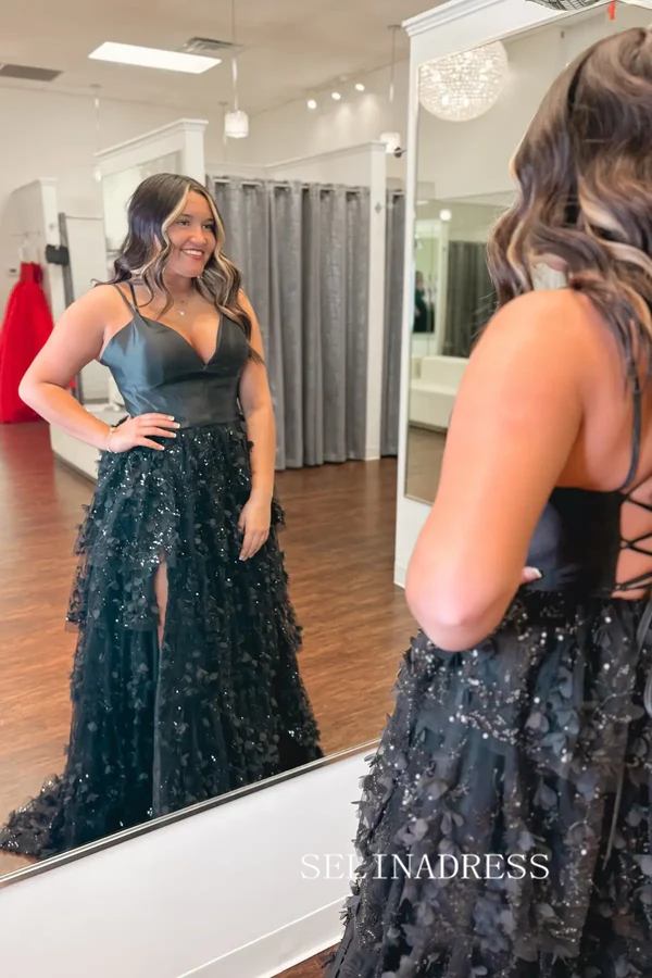 Black 3D Floral Prom Dress with Satin Bodice Tiered Tulle Skirt SEA205|Selinadress