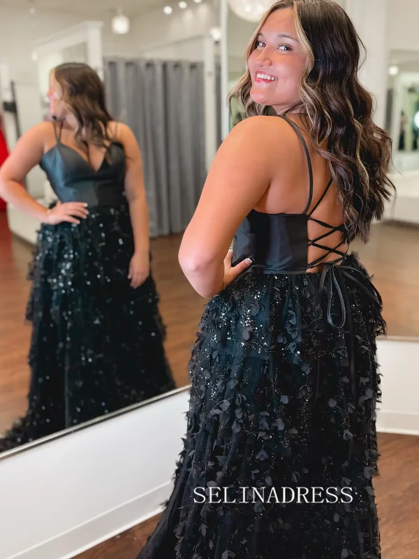 Black 3D Floral Prom Dress with Satin Bodice Tiered Tulle Skirt SEA205|Selinadress