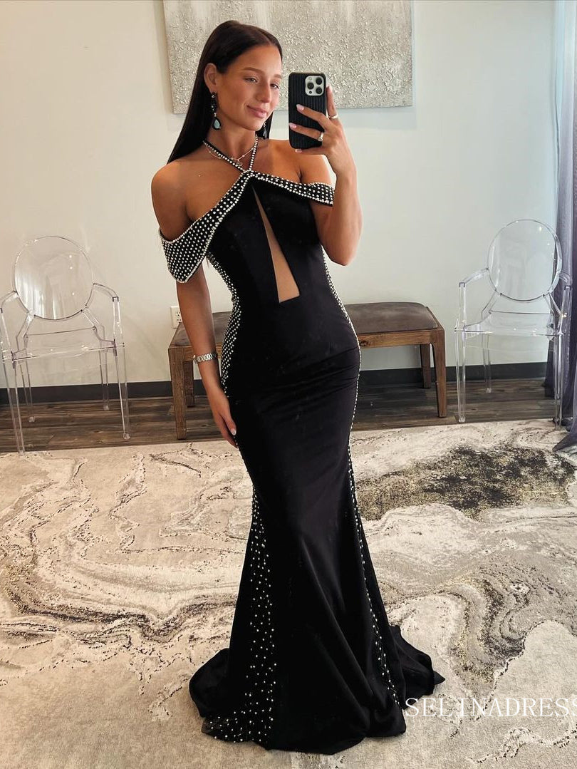 Black Halter Mermaid Long Prom Dress Beaded Evening Dresses sew0703 SELINADRESS Black Halter Mermaid Long Prom Dress Beaded Evening Dresses sew0703 SELINADRESS