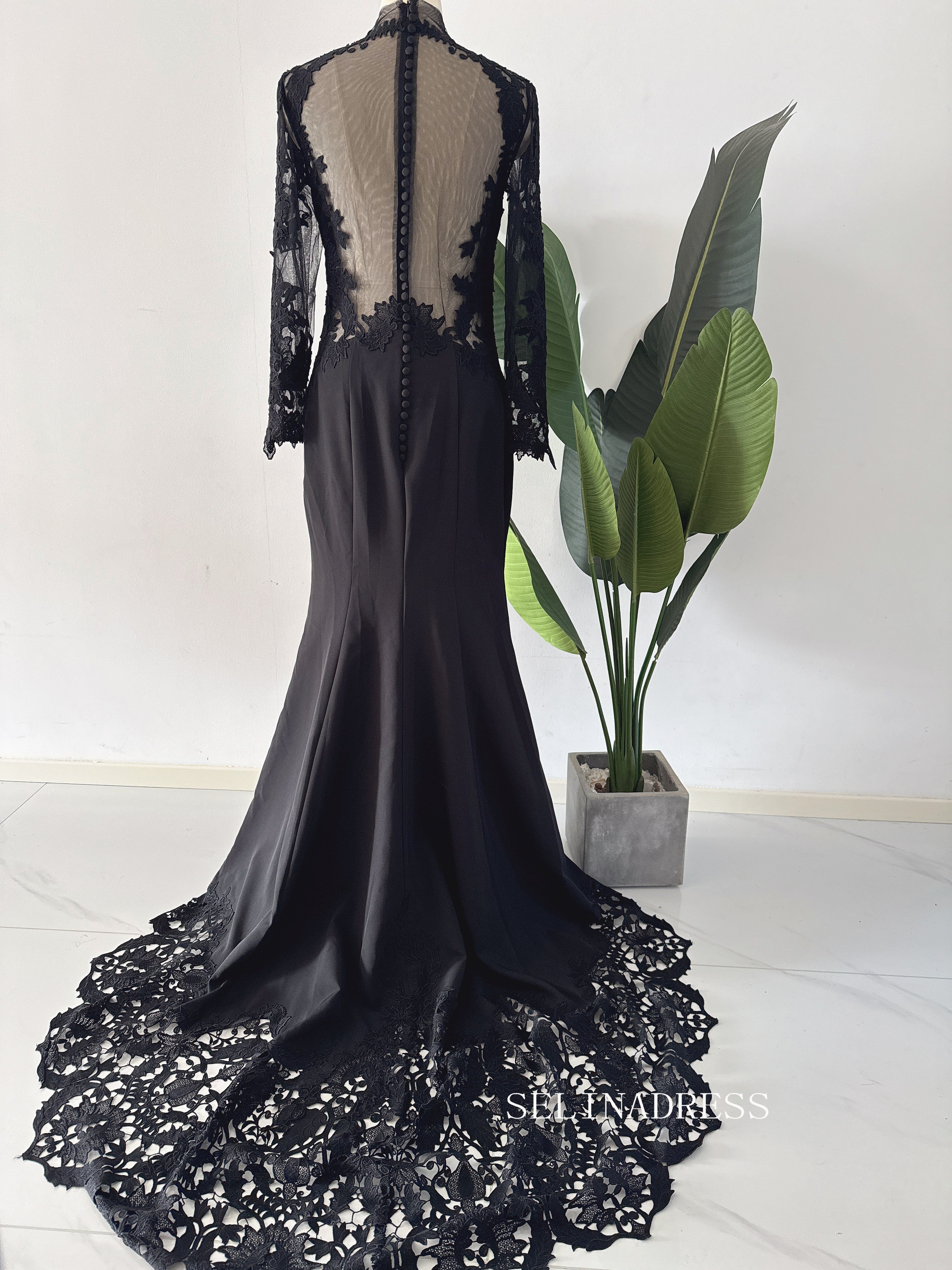 Black Lace Wedding Dress Mermaid High Neck Wedding Dress See Through B SELINADRESS Black Lace Wedding Dress Mermaid High Neck Wedding Dress See Through B SELINADRESS