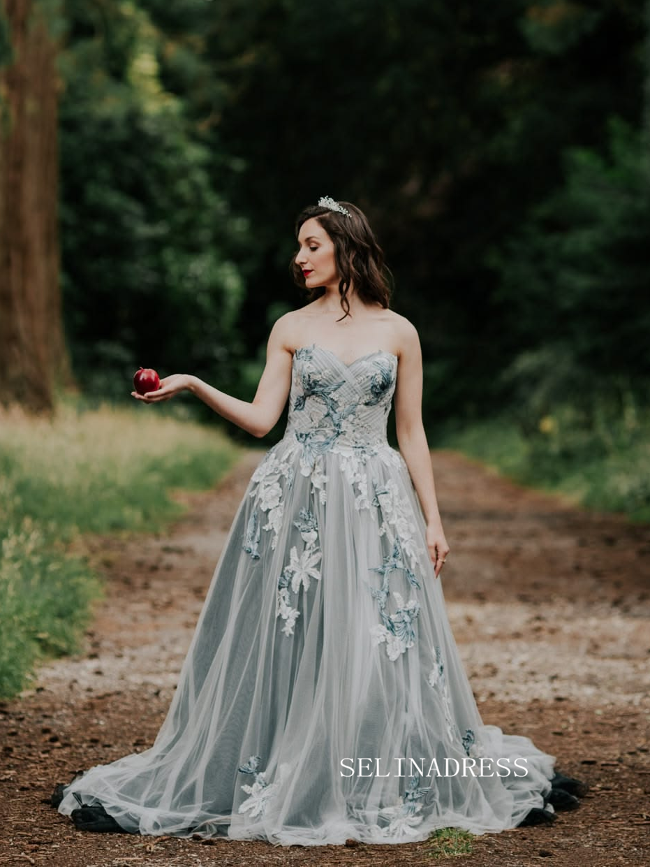 Blue Floral Embroidered Tulle Ball Gown Rustic Wedding Dresses Prom Dress with Court Train COK100|Selinadress
