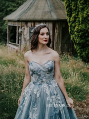 Blue Floral Embroidered Tulle Ball Gown Rustic Wedding Dresses Prom Dress with Court Train COK100|Selinadress