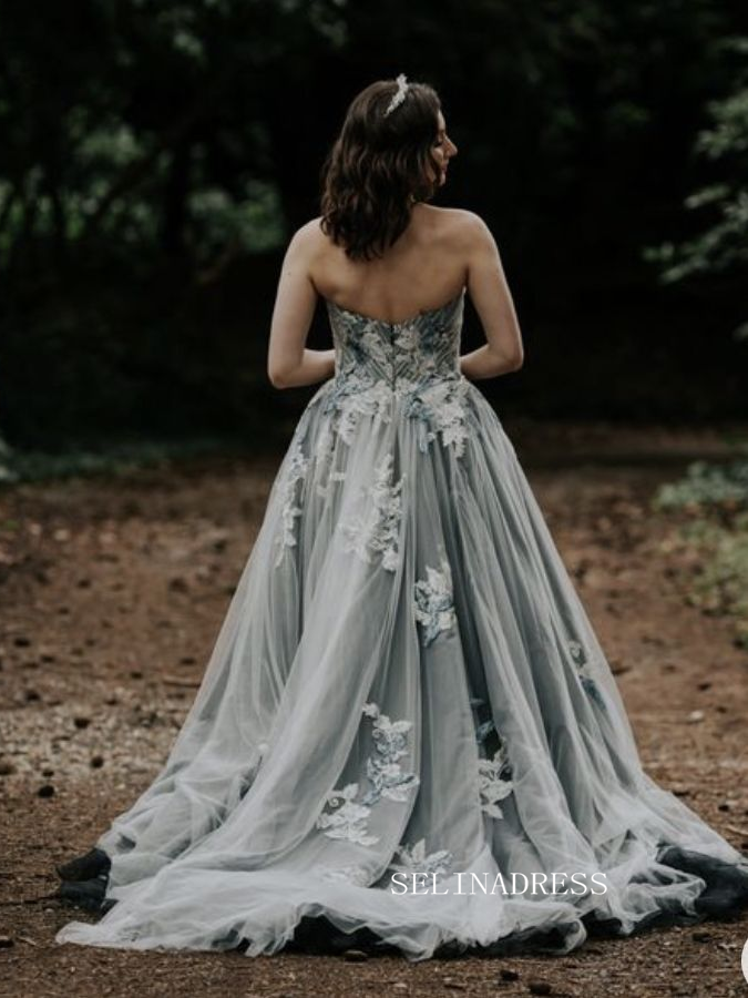 Blue Floral Embroidered Tulle Ball Gown Rustic Wedding Dresses Prom Dress with Court Train COK100|Selinadress