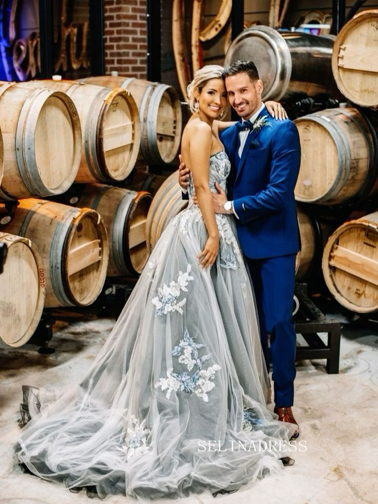 Blue Floral Embroidered Tulle Ball Gown Rustic Wedding Dresses Prom Dress with Court Train COK100|Selinadress