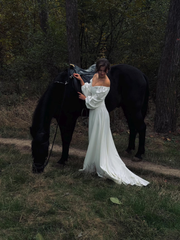 A-line Off-the-shoulder Long Sleeve Wedding Dresses Rustic Satin Bridal Gowns CBA033|Selinadress