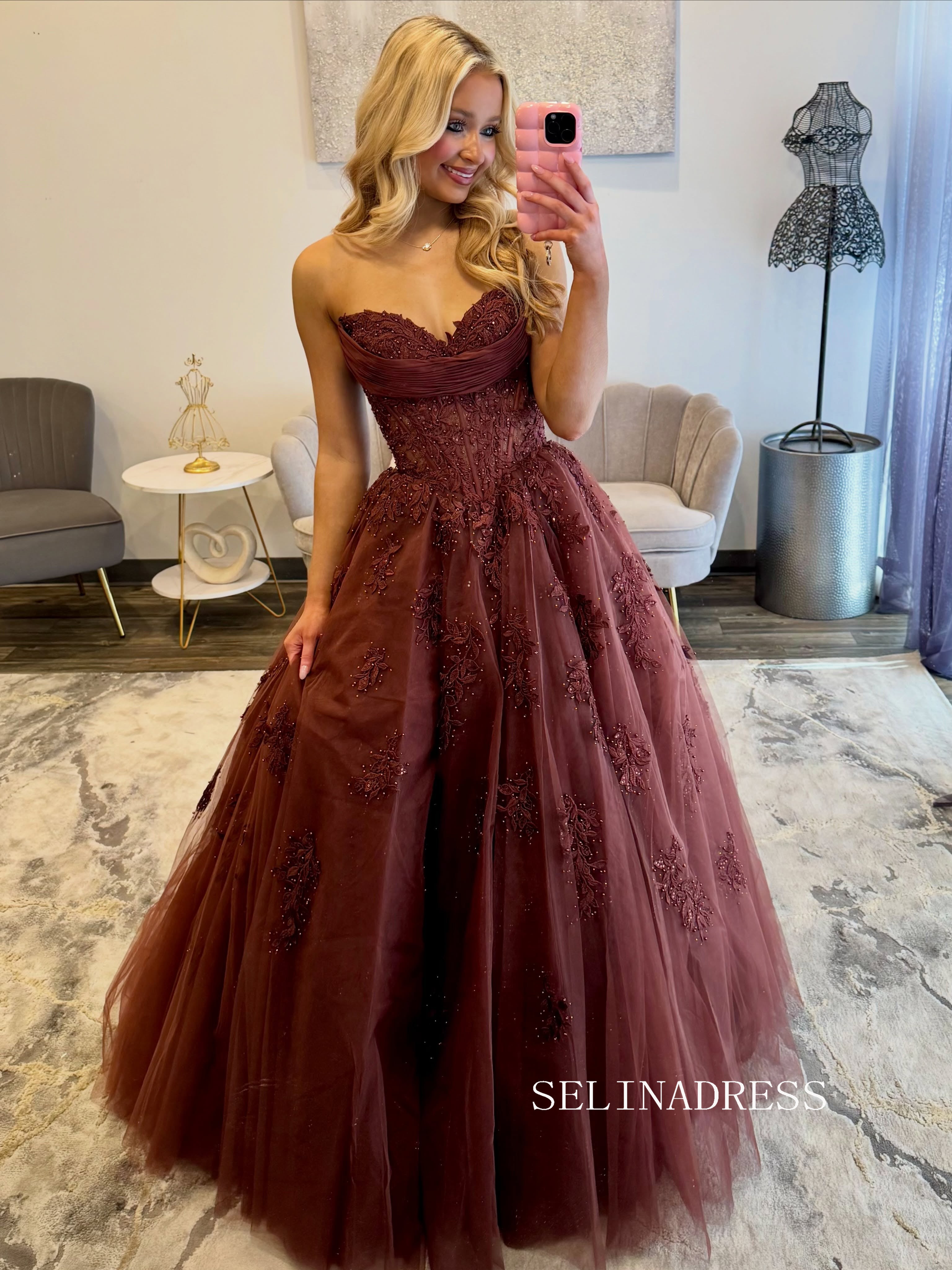 Elegant Burgundy Strapless Ball Gown with Intricate Lace Appliqués COK035|Selinadress