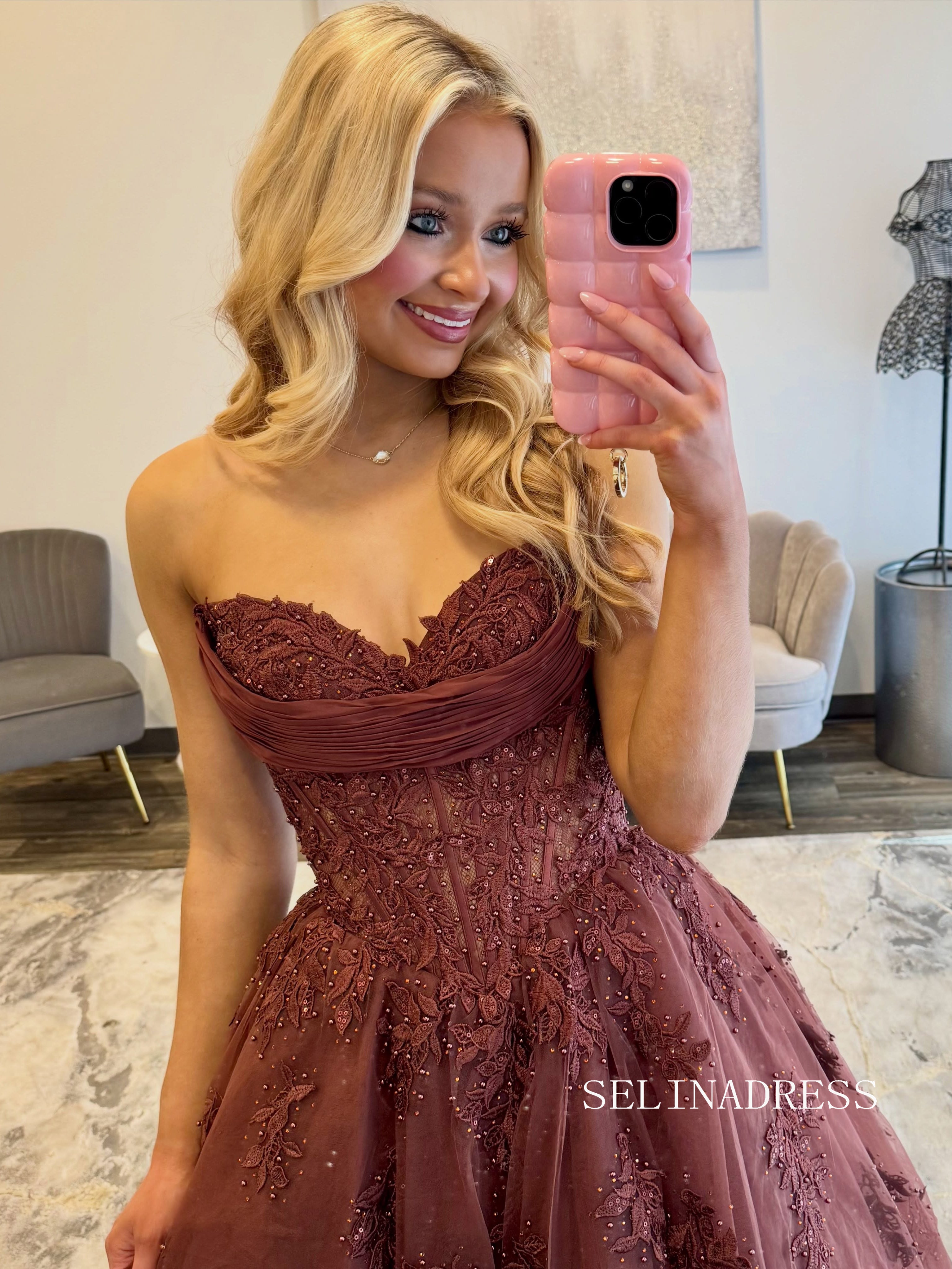 Elegant Burgundy Strapless Ball Gown with Intricate Lace Appliqués COK035|Selinadress