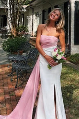 Casual Satin Fitted Strapless Party Prom Dress With Train lck013