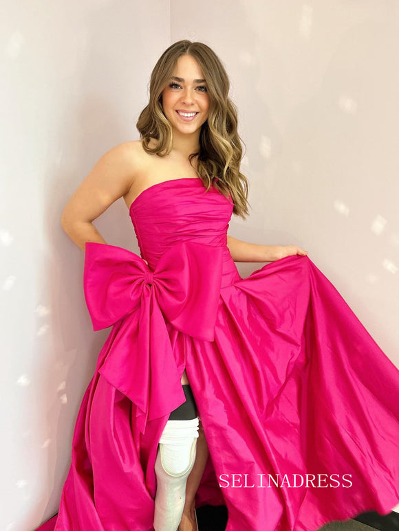 Charming A-line Strapless Hot Pink Satin Long Prom Dress with Slit lpk508|Selinadress