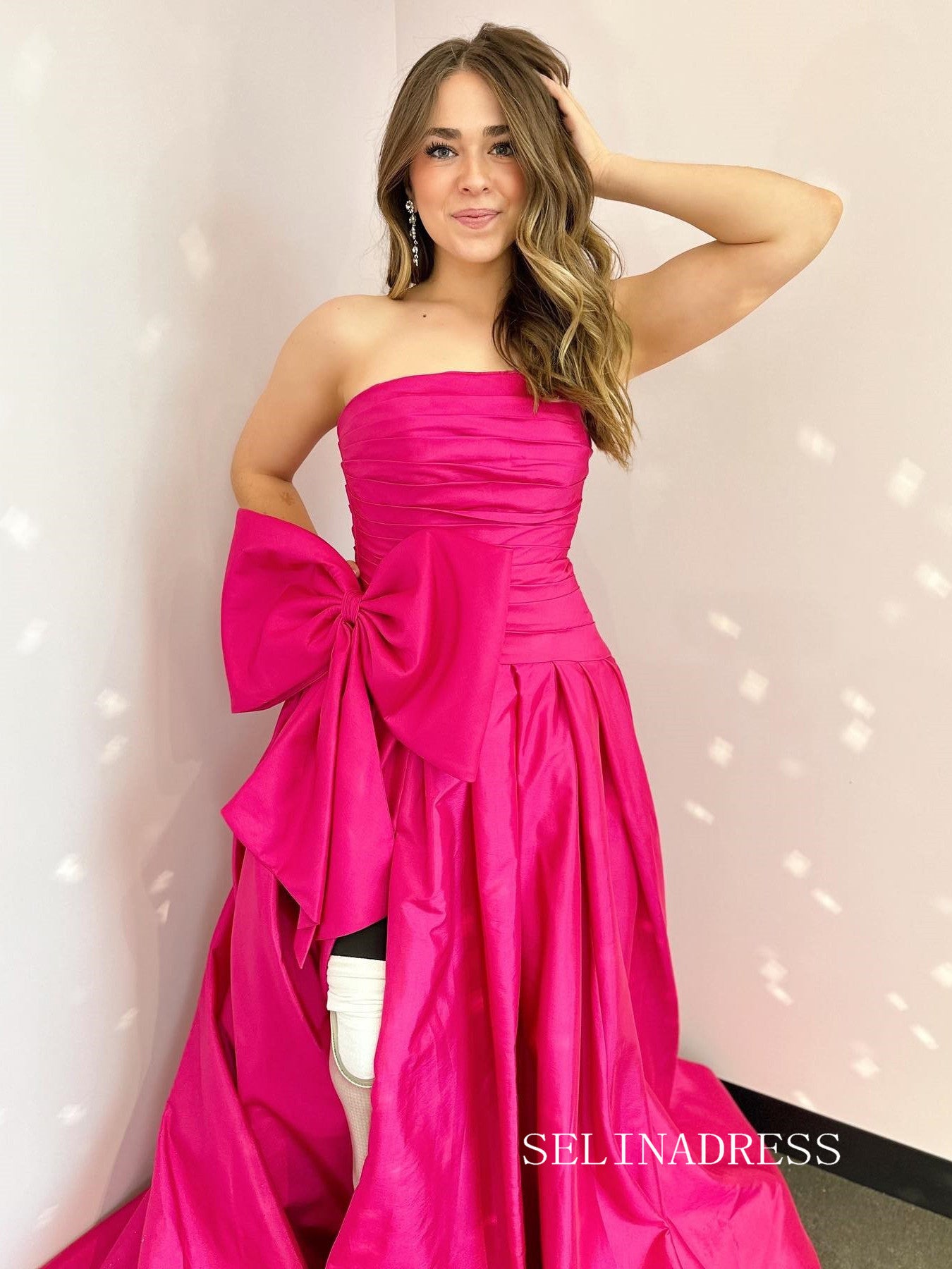 Charming A-line Strapless Hot Pink Satin Long Prom Dress with Slit lpk