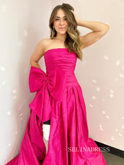 Corset Hot Pink Strapless A-Line Applique Prom Dress with Slit
