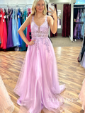 Charming A Line V neck Lavender Tulle Lace Prom Dress lpk535|Selinadress
