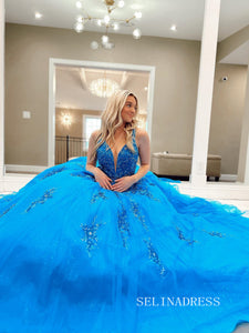 Charming Ball Gown Beaded Blue Tulle Long Prom Dresses LPK223|Selinadress