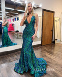 Charming Dark Green V neck Sparkly Sequins Mermaid Prom Dress lpk559|Selinadress