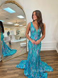 Charming Mermaid V neck Sparkly Sequins Blue Long Prom Dress lpk551|Selinadress