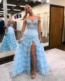 Charming Off-the-shoulder Blue Lace Tulle Layered Long Prom Dress with Slit lpk555|Selinadess