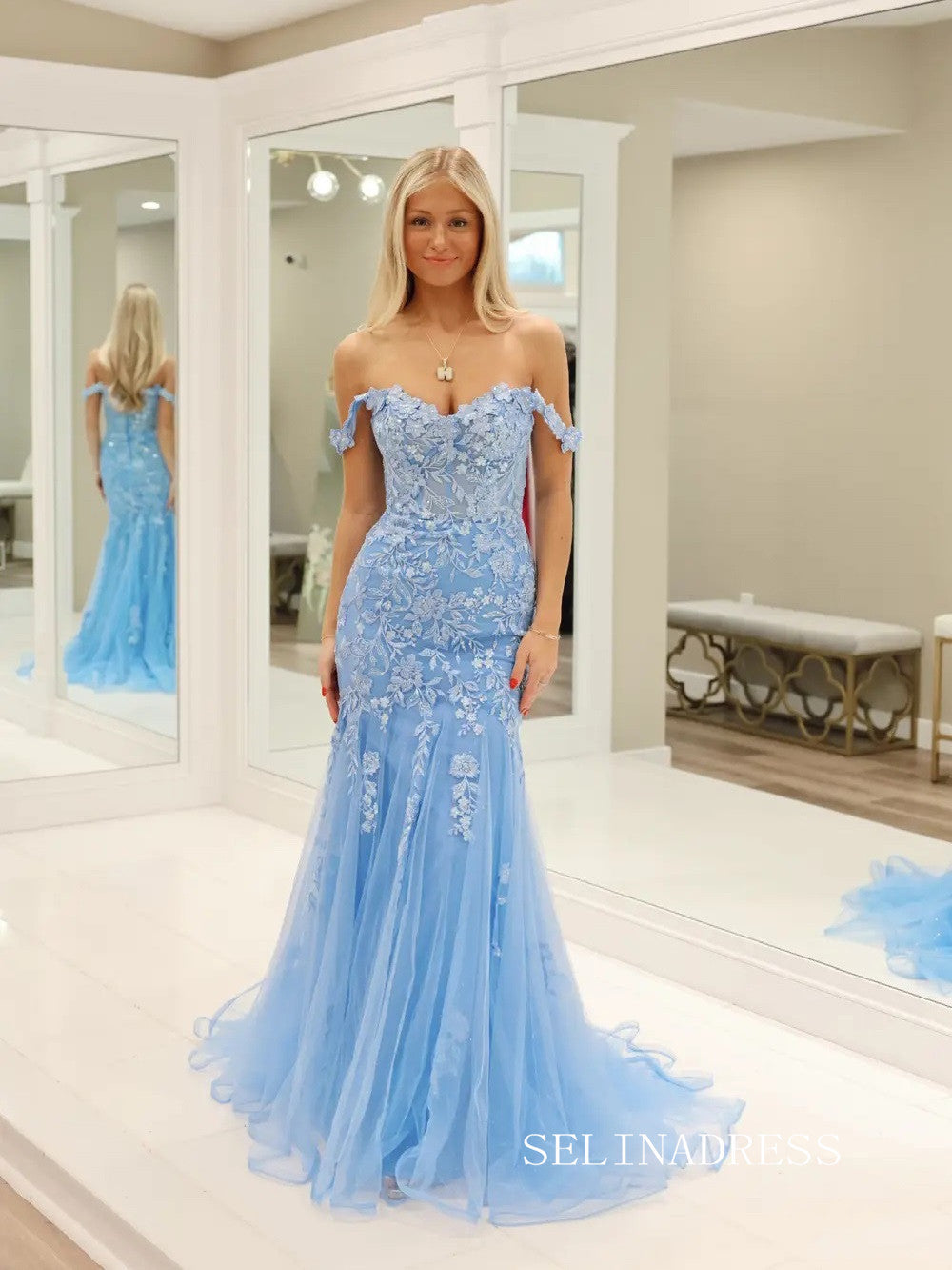 Charming Off-the-shoulder Mermaid Applique Blue Long Prom Dresses LPK2 SELINADRESS Charming Off-the-shoulder Mermaid Applique Blue Long Prom Dresses LPK2 SELINADRESS