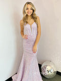 Charming Spaghetti Straps Sparkly Sequins Long Prom Dress Lilac Evening Dresses lpk507|Selinadress