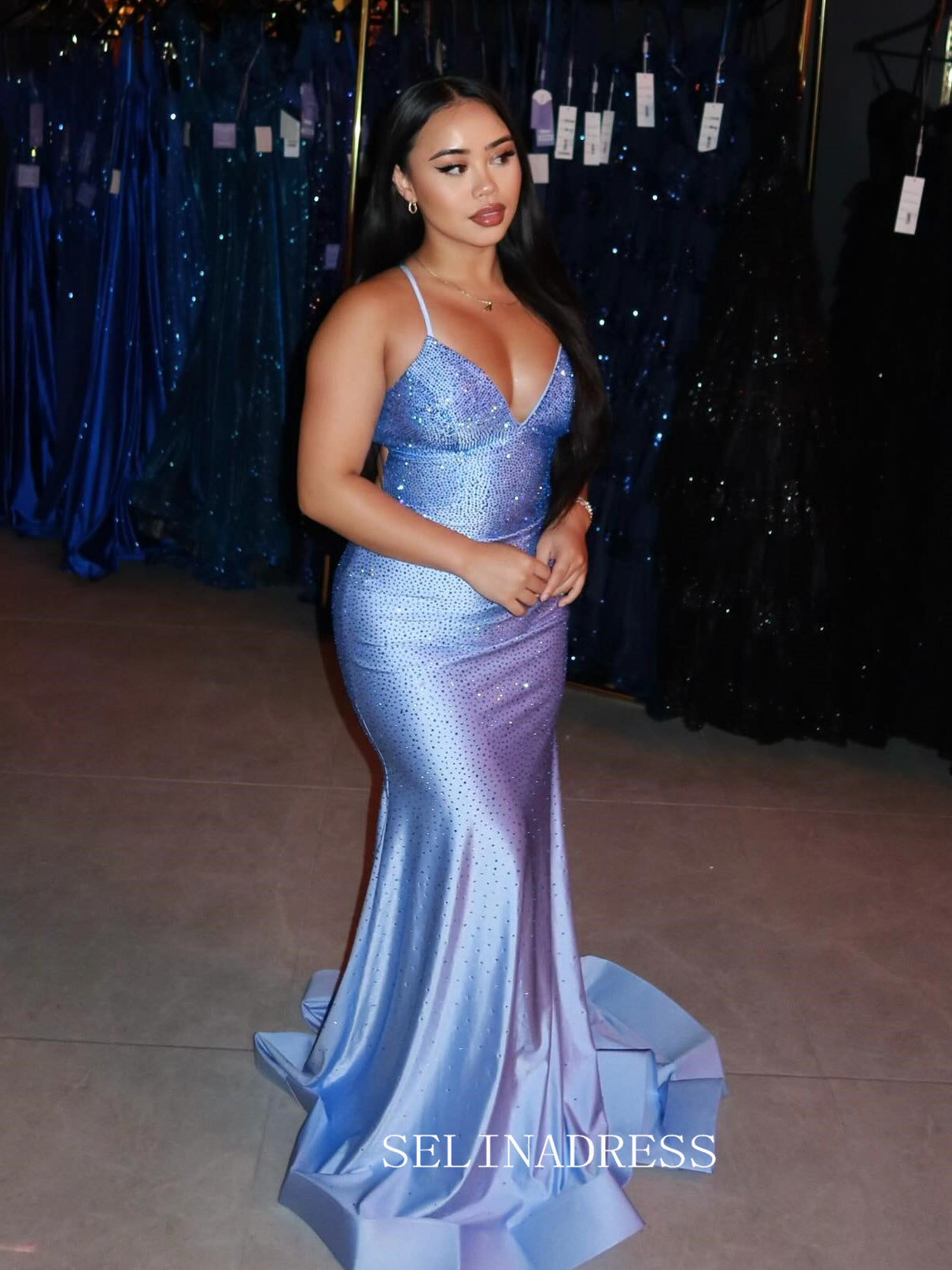 Charming Mermaid Spaghetti Straps Blue Sparkly Long Prom Dress With Rh – SELINADRESS