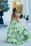 Chic A-line Flouncing Halter Unique Sage Long Prom Dress Multi-layered Evening Gowns LPK201
