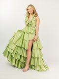 Chic A-line Flouncing Halter Unique Sage Long Prom Dress Multi-layered Evening Gowns LPK201|Selinadress