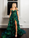 Chic A-line Gorgeous Layered Long Prom Dress Green Sequins Evening Gowns LPK200|Selinadress