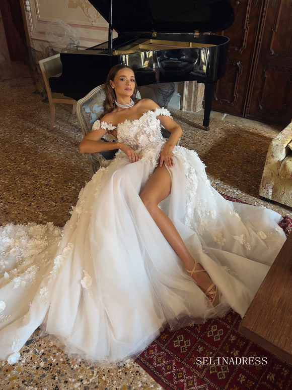 Chic A-line Off-the-shoulder 3D Floral Appliaue Wedding Dress Rustic Bridal Gowns LPK174|Selinadress