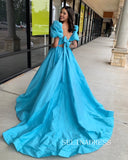 Chic A-line Puff Sleeve Prom Dress Cheap Satin Long Evening Gowns lpk503|Selinadress