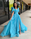 Chic A-line Puff Sleeve Prom Dress Cheap Satin Long Evening Gowns lpk503|Selinadress