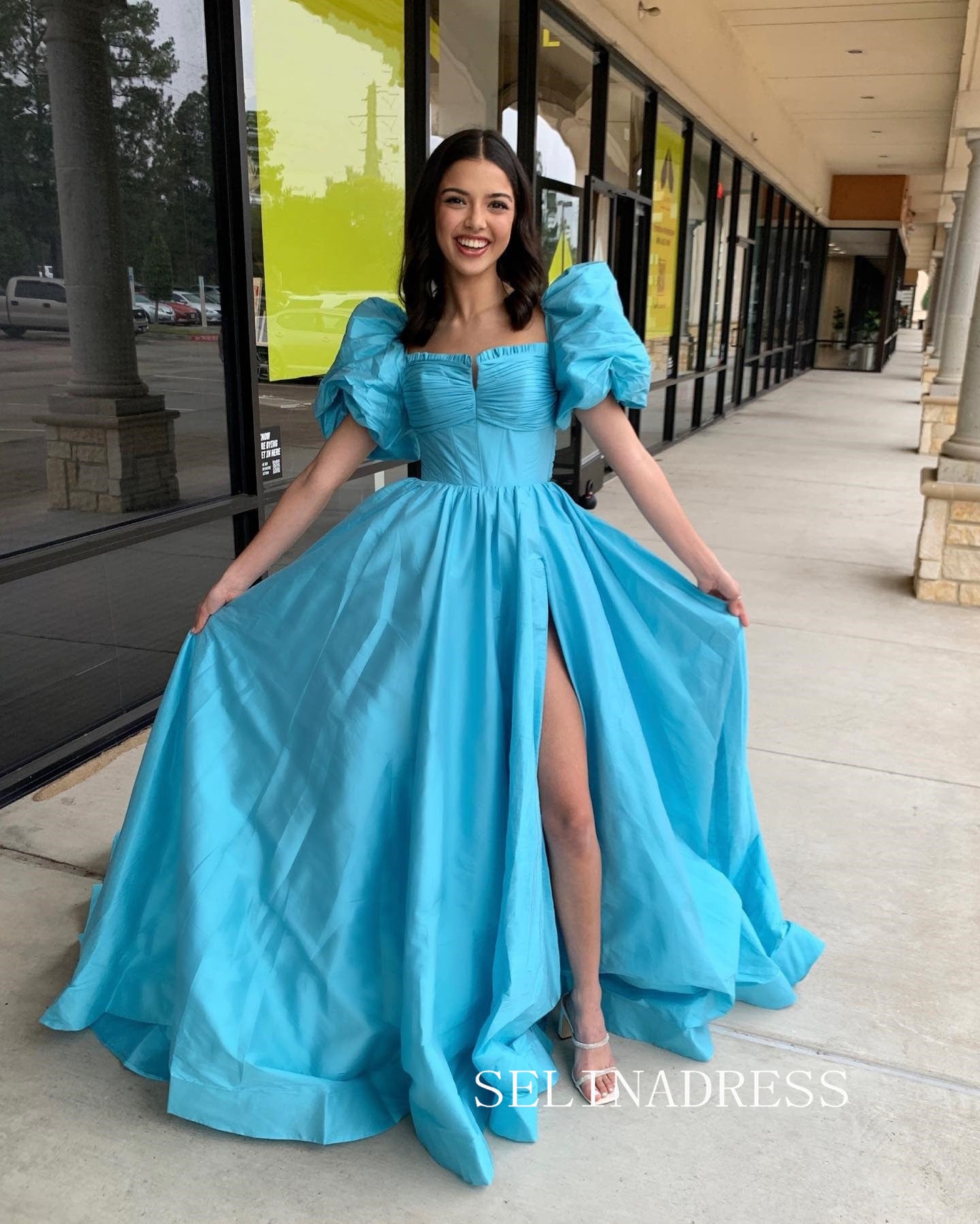 Chic A-line Puff Sleeve Prom Dress Cheap Satin Long Evening Gowns lpk5 – SELINADRESS Chic A-line Puff Sleeve Prom Dress Cheap Satin Long Evening Gowns lpk5 – SELINADRESS