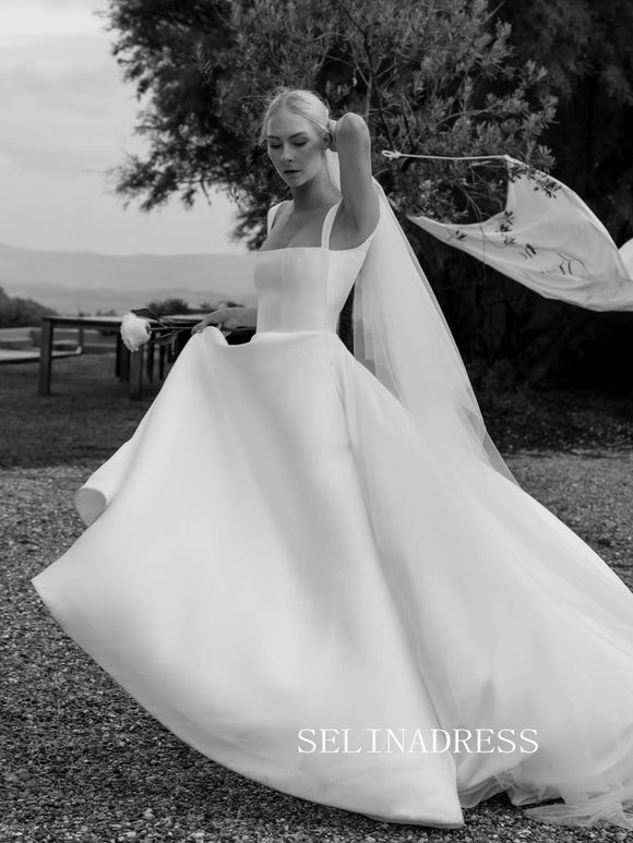 Chic A-line Satin Wedding Dresses Rustic Cheap Bridal Gowns EWR152