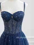 Chic A-line Shiny Dark Navy Long Prom Dresses Gorgeous Evening Dress TKH002|Selinadress