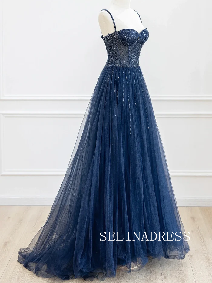Chic A-line Shiny Dark Navy Long Prom Dresses Gorgeous Evening Dress T SELINADRESS Chic A-line Shiny Dark Navy Long Prom Dresses Gorgeous Evening Dress T SELINADRESS