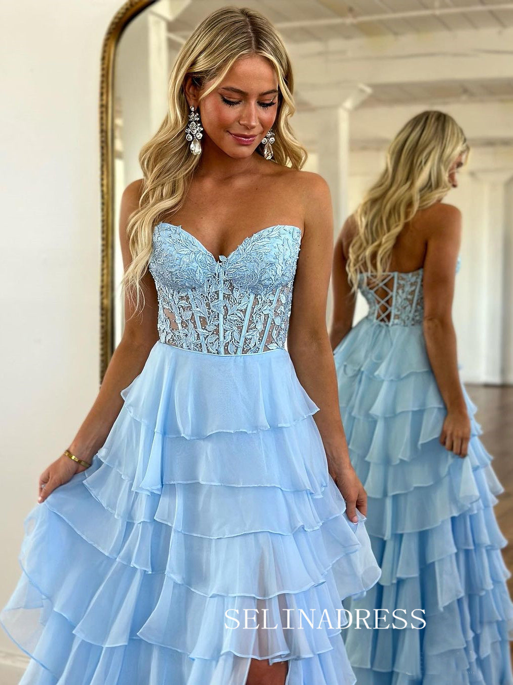 Chic A-line Strapless Light Sky Blue Long Prom Dresses Frill Layered G SELINADRESS Chic A-line Strapless Light Sky Blue Long Prom Dresses Frill Layered G SELINADRESS