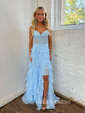 Chic A-line Strapless Light Sky Blue Long Prom Dresses Frill Layered Gown Evening Dresses sew0321|Selinadress